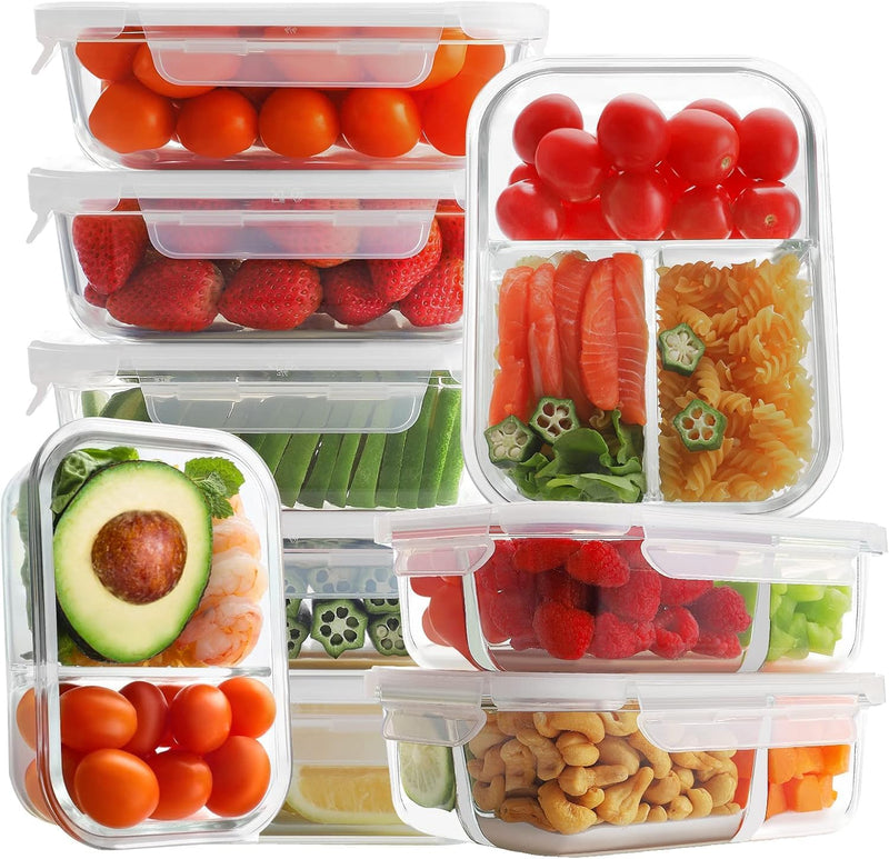 6-Pack Meal Prep Container Set,Glass Food Storage Containers,2 & 3 Compartments 32 oz, Airtight Glass Container with Lids, BPA-Free,Perfect for Kitchen Storage,Microwave,Freezer & Dishwasher - Clear-6 Pack