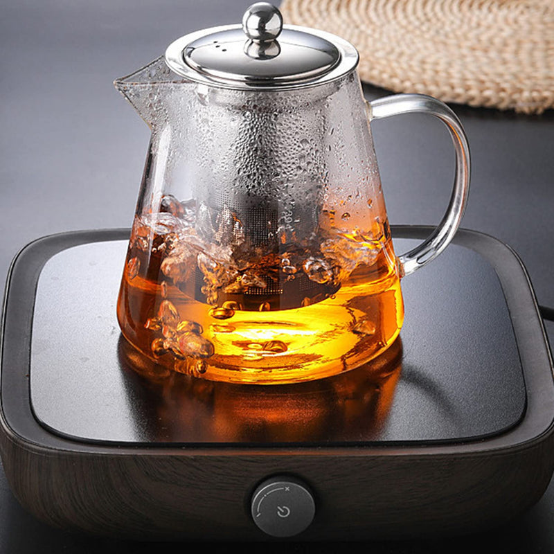 TAPIT Glass Tea Pot, Borosilicate Glass Tea Kettle for Loose Leaf Tea, Transparent Teapot with Stainless Steel Removable Infuser, Microwavable, Dishwasher and Stovetop Safe (1300ml-Round)