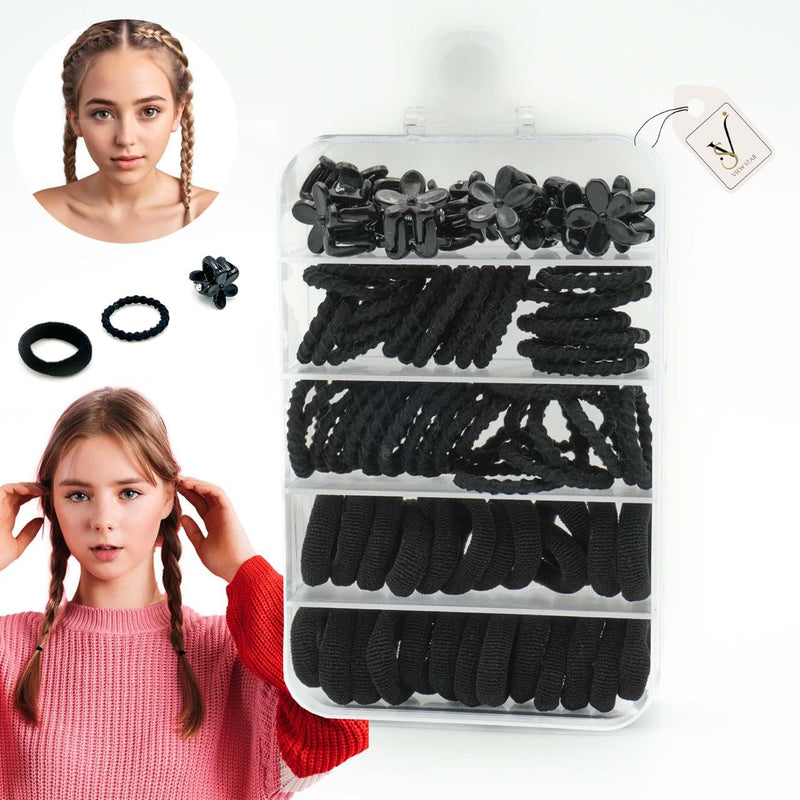 Viewstar 74 PCS Black Hair Ties Set - Durable Elastic Rubber Bands & Mini Claw Clips for Women & Girls ??No Damage, Strong Hold, Travel-Friendly Storage Box