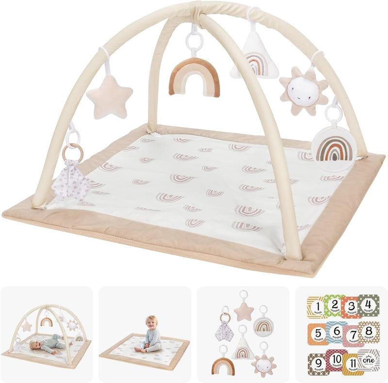 Washable Baby Gym Activity Center with Play Mat, Early Development Playmats, 6 Toys for Infant & Toddler, Larger, Non Slip,Pink