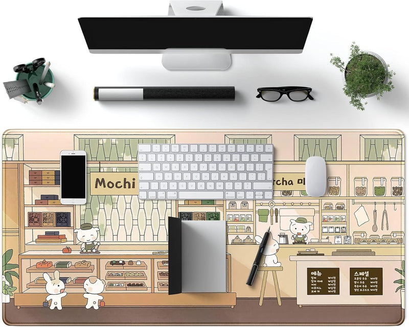 Adorable Kawaii Large Desk Mat Beige Anime Mouse Pad: XXL Extended Gaming Mousepad with Non-Slip Rubber Base, Cute Desk Accessory for Computer and Laptop, Ideal for Gaming and Office 31.5'' x 15.7''
