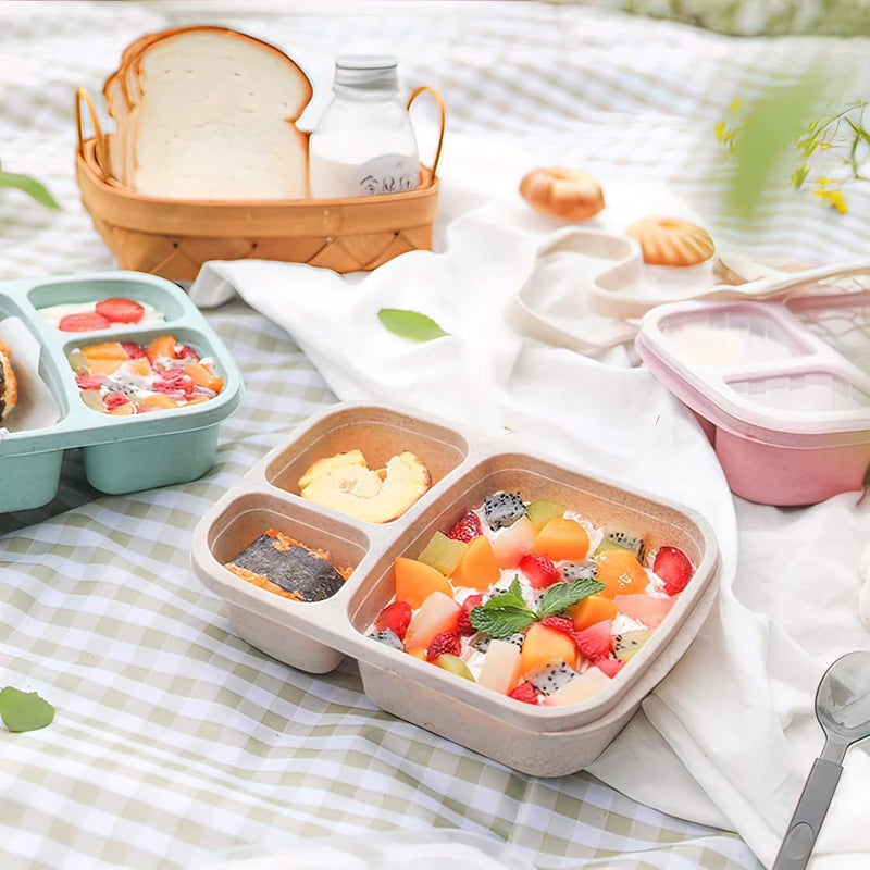 8 Pcs Bento Lunch Box, 3 Compartment Meal Prep Container for Adults/Kids, Straw Wheat Fiber Lunch Container for Microwave and Dishwasher Safe, Reusable Snack Container for Work, School, Travel