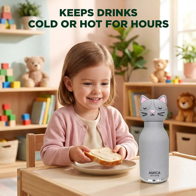 Kids Water Bottle 460ml Insulated Stainless Steel - AMICA STUDIO (Cleo Cat)