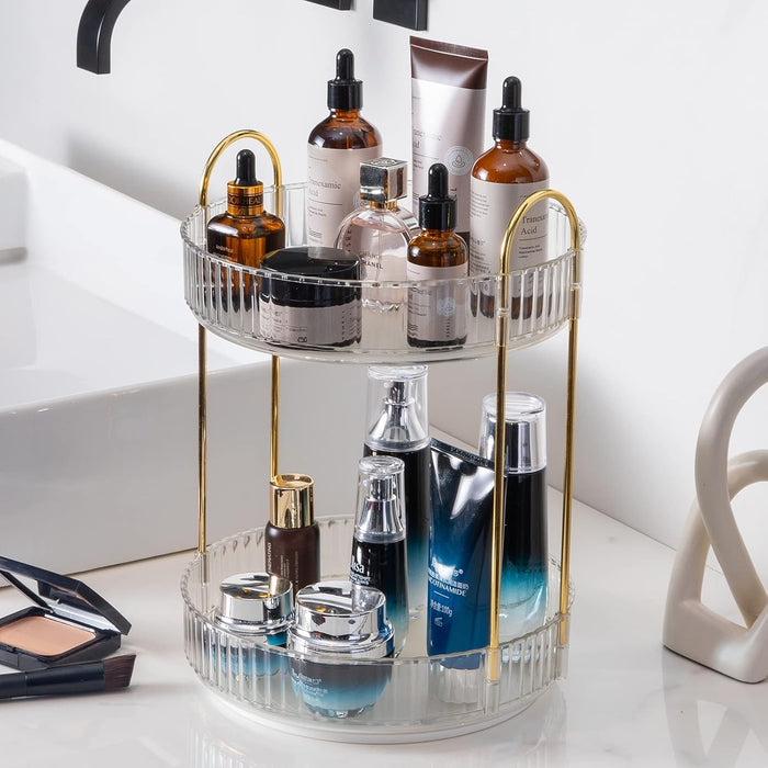 INVSSENE 360° Rotating Makeup Organizer, Bathroom Make Up Spinning Holder Rack, Large Capacity Cosmetics Storage Vanity Shelf Countertop, Fits Cosmetics, Perfume, Skincare, Lipsticks(2 Tiers, Green)