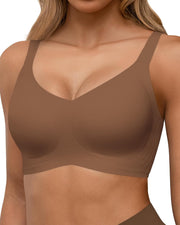Womens Seamless Bras, Wireless Full Coverage Push Up Bras, Comfortable Support Bralette with V Neck - Coffee