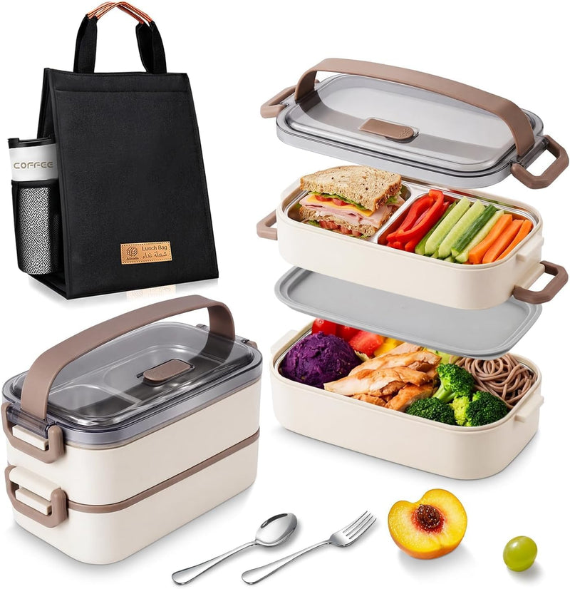 Stainless Steel Lunch Box: 1500ml 2 Layers 304 Microwave Safe Leakproof Bento Box - 3 Compartments Stackable Bento Lunch Box for Adults Students Office School Picnic (White, 2 Layers) - Khaki 2 Layers