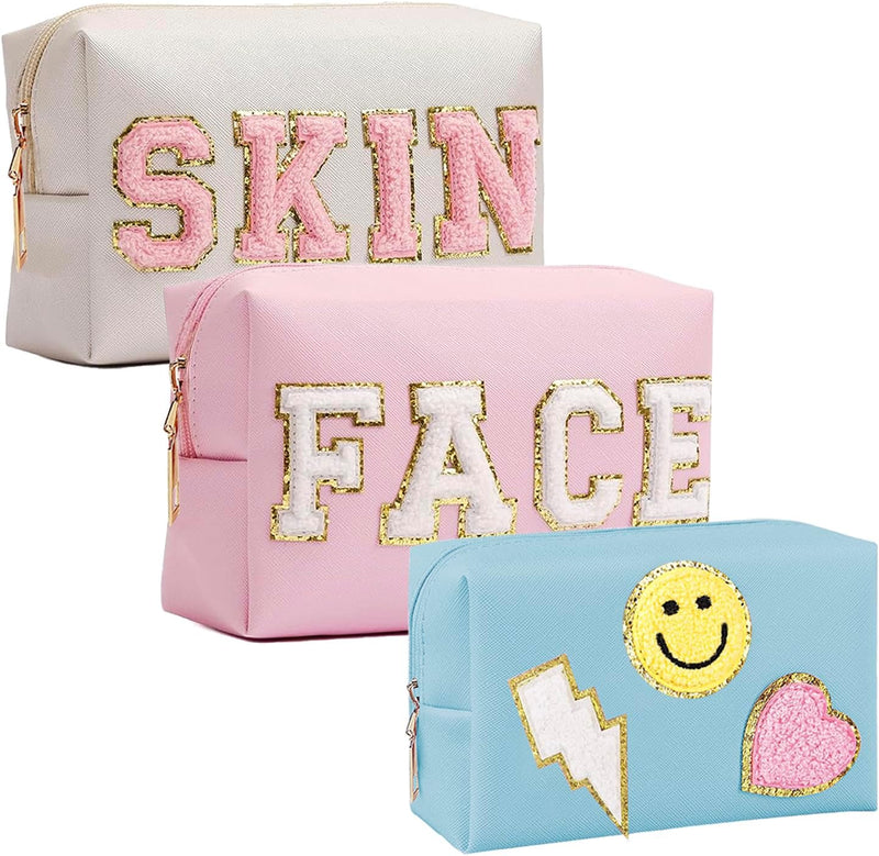 3 Pieces Preppy Patch Makeup Bag, Small Chenille Letter Cosmetic Bag, PU Leather Waterproof Zipper Skin Care Toiletry Bags for Teen Girls, Portable Preppy Gift for Women(White, Blue, Pink), - Leather