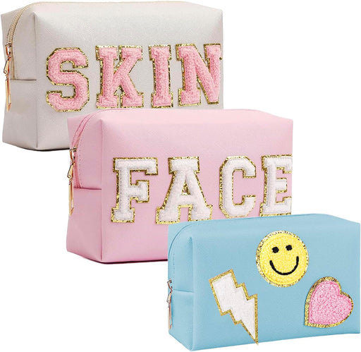 3 Pieces Preppy Patch Makeup Bag, Small Chenille Letter Cosmetic Bag, PU Leather Waterproof Zipper Skin Care Toiletry Bags for Teen Girls, Portable Preppy Gift for Women(White, Blue, Pink), - Leather