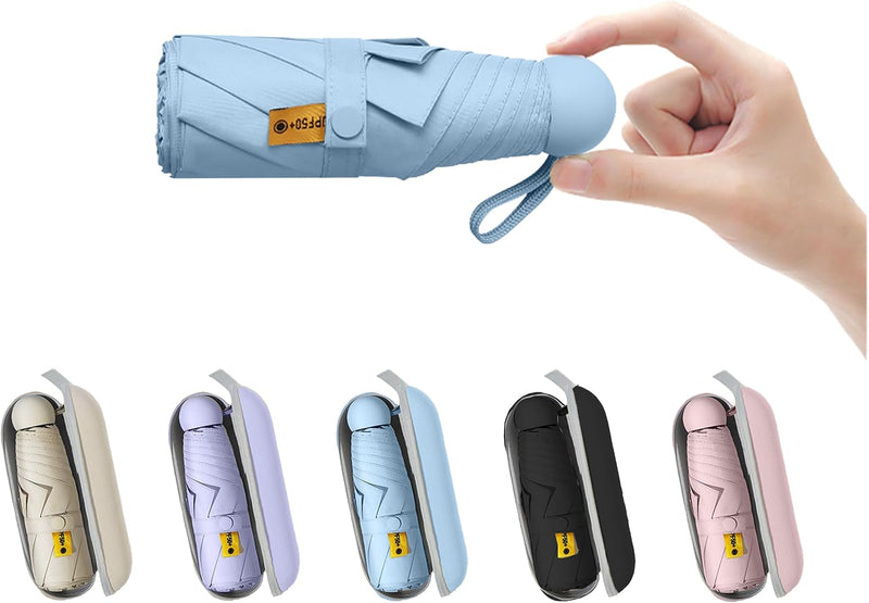 Travel Essentials Mini Umbrella for Purse With Case Small Compact UV Sun Protection Lightweight Tiny Pocket Manual Open Close Umbrella for Women Kids and Men Fit Purse Backpack - Light Blue