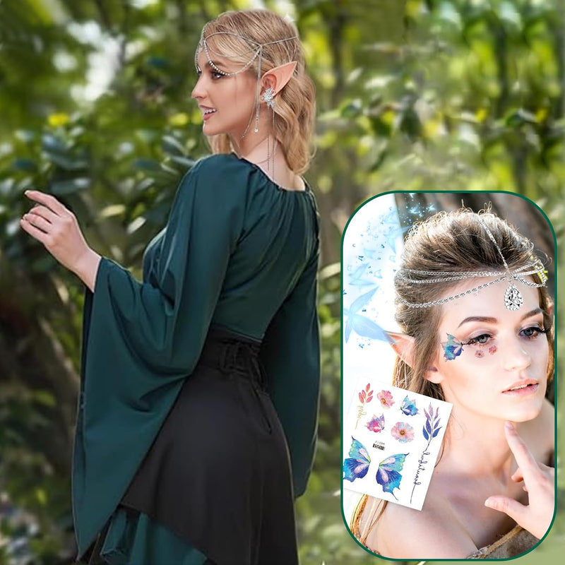 Elf Renaissance Medieval Dress, Fairy Cosplay Set, Traditional Irish Costume, Victorian Flared Sleeve Corset Skirt, Goth Outfit With Ears, Tattoo Stickers, Overknee Socks, Head Rings, Ear Clip
