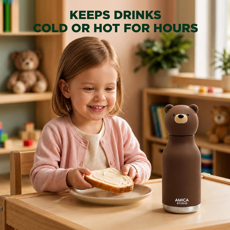 Kids Water Bottle 460ml Insulated Stainless Steel - AMICA STUDIO (Bruno Bear)