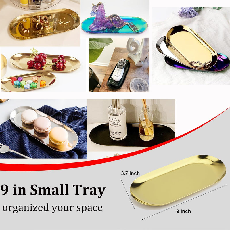 Fermus Stainless Steel Decorative Tray, Set of 2, 9 Inch Long, Jewelry Dish Cosmetics Organizer Bathroom Clutter Serving Platter Small Storage Tray, Oval, Gold