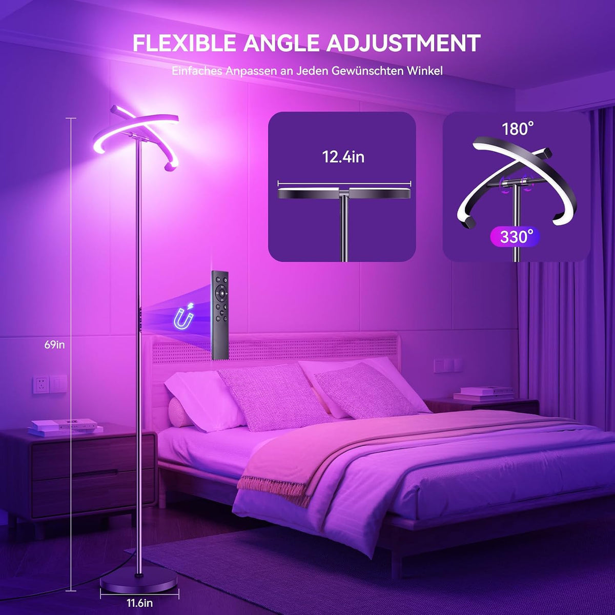 RGB Floor Lamp Living Room LED Dimmable 20 W, LED Floor Lamp RGB Modern Uplighter with Remote Control 1300 lm, 3000 K - 6000 K Touch Floor Lamp Reading Lamp for Living Room Bedroom Office Hotel – image 3