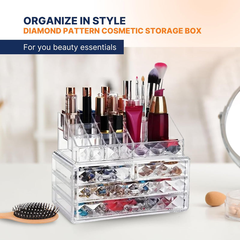 AC&L Makeup Organizer, Cosmetic Storage Display Box With 4 Drawers For Make Up, Brushes, Perfumes, Skincare All In One, Acrylic Organizer Ideal For Vanity, Dresser, Bathroom For Girls & women (Clear)