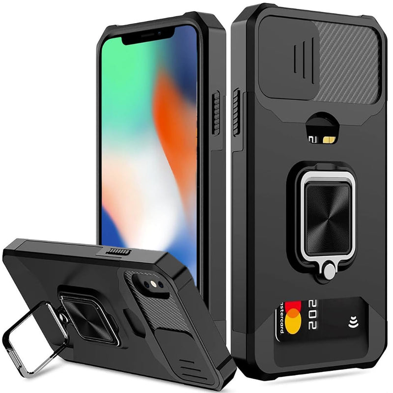 rojarou for iPhone X Case,iPhone Xs case with Card Holder,Slide Camera Cover and 360? Rotate Ring Kickstand Heavy Duty Protective Phone Case for Apple iPhone X Cover/iPhone Xs Cover-Black