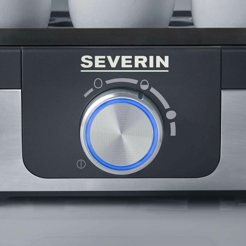 SEVERIN Egg cooker for 3 eggs with electronic control of cooking time, incl. measuring cup with egg pastes, egg cooker for ideal hardness, stainless steel brushed/black, 300 W, EK 3163