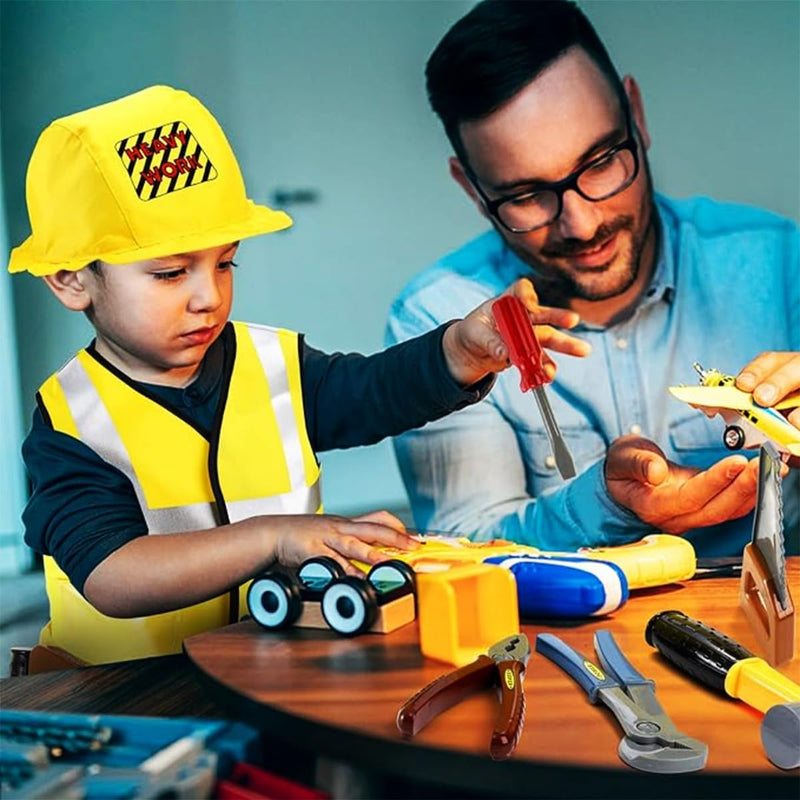 AMERTEER Construction Worker Costume for Kids Builder Dress-Up Set with Tool Belt, Hard Hat, Safety Vest & Toy Tools Pretend Play Outfit & Halloween Costume for Boys & Girls Ages 3-6