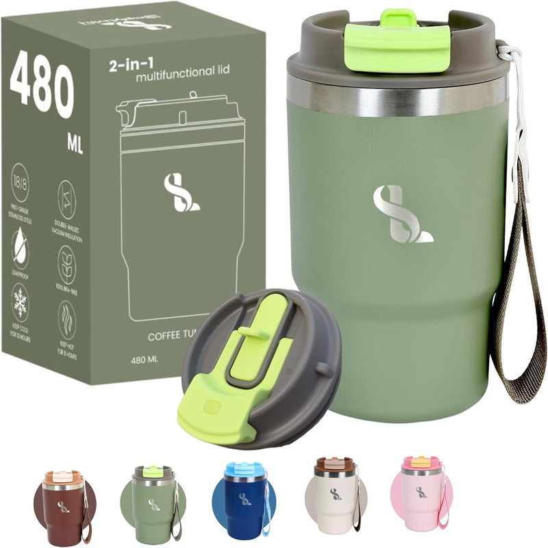 SimplyLivin. Premium Tumbler with Lid and Straw | 480ml (16oz) | Hot and Cold Drinks | Leak Proof | Travel Mug | Coffee Cup | Double Wall Stainless Steel | Unique Packaging for Gifts | Classic Beige
