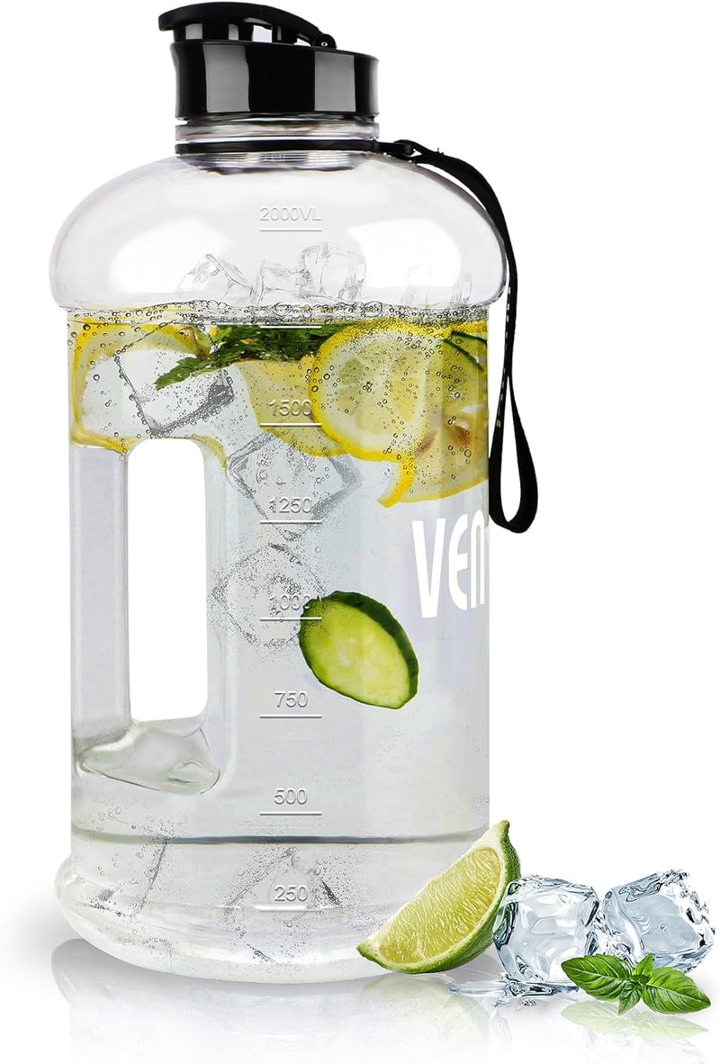 Water Bottle with Handle Portable Large Plastic Water Bottles for Adults BPA-free Half Gallon Water Bottle Reusable 2 Liter Water Jugs for Outdoor Hiking Fitness Travel Camping Cycling - Clear