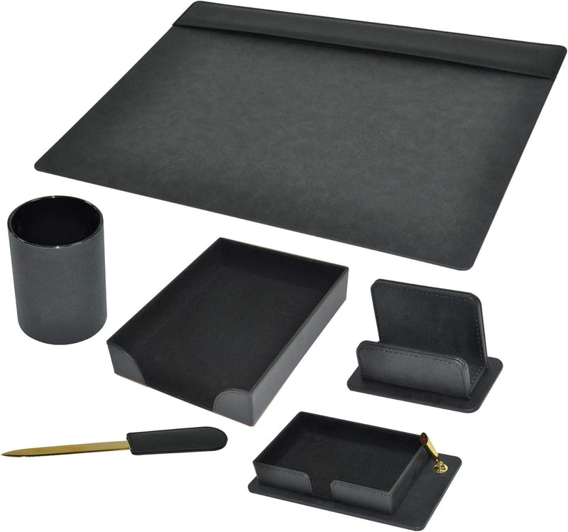 FIS Executive Desk Set with Italian PU Materials, Set of 6 Pieces Desk Set Organizer, Black Color, Pack in Gift Box-FSDS181BK