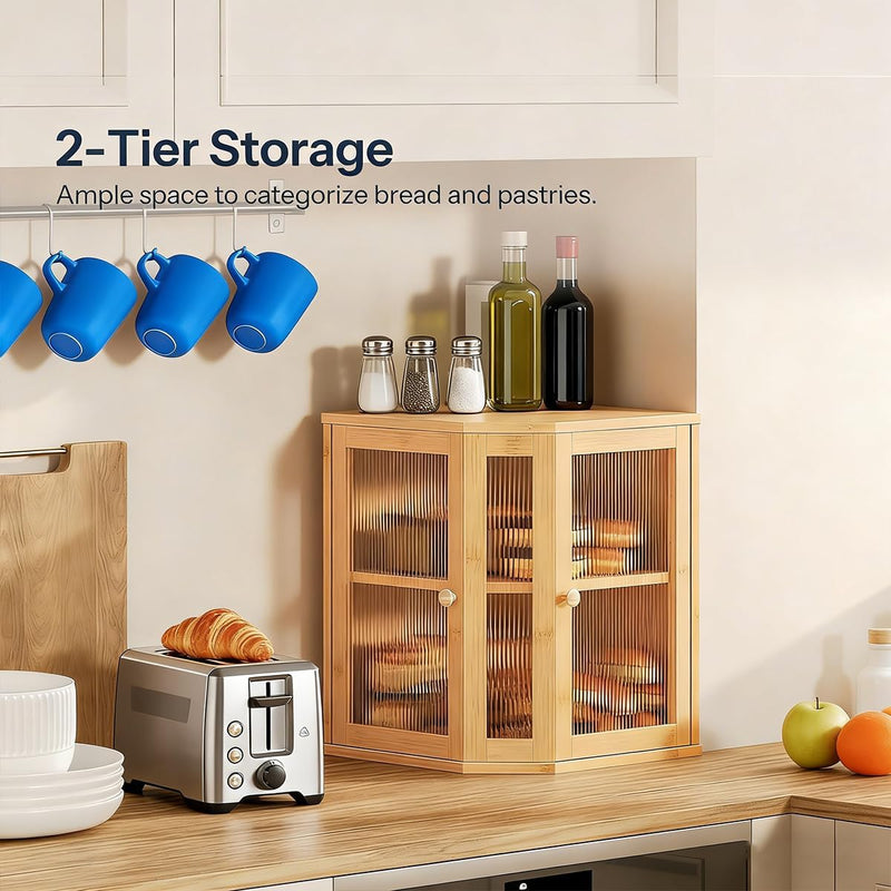 Bamboo Bread Box, Kitchen Countertop Corner Bread Box, Large Capacity 2-Tier Bread Container, Bread Storage Container with Dual Rippled Acrylic Doors, for Kitchen Food Storage