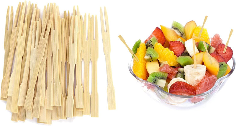 Bamboo Forks 9cm,(50pcs) Mini Food Picks for Party, Banquet, Buffet, Catering, and Daily Life. Two Prongs - Blunt End Toothpicks for Appetizer