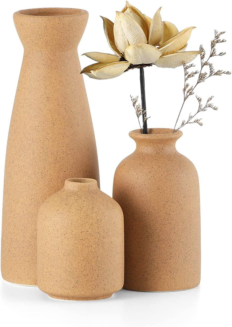 Heifgott Beige Ceramic vase Set-3 Small Flower vases for Decor,Modern Home Decor, Vases for Decor,Pampas Grass Vase,Dried Flowers Vases,Living Room,Table Shelf, Centerpieces Decoration