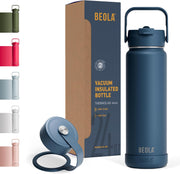 750ml Water Bottle 18/8 Stainless Steel 304 Double Wall Insulated thermo Bottle with Straw Lid and wide mouth, 2 lids included, Hot Cold Liquids Sports Bottle, 24oz (Raspberry) - Sailor Blue