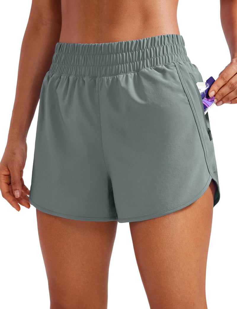 CRZ YOGA Women's High Waisted Running Shorts Mesh Liner - 3'' Dolphin Quick Dry Athletic Gym Track Workout Shorts Zip Pocket