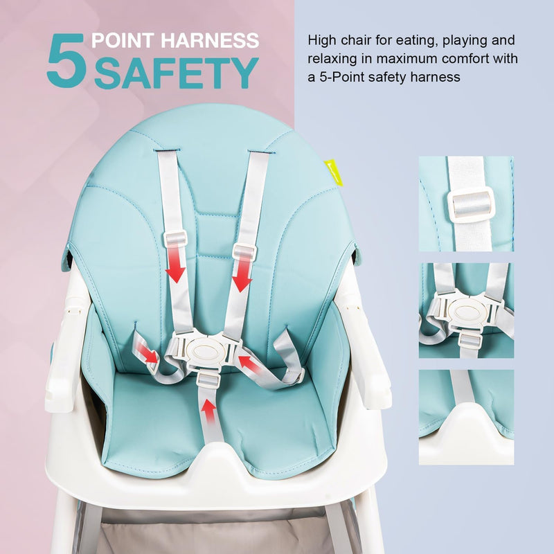 Baybee Baby High Chair for Kids with Adjustable Height and Footrest, Toddler Walker Feeding Booster Chair Seat for Baby with Tray, Wheel, Safety Belt and Cushion For Babies 6 Month to 4 Year (Green)