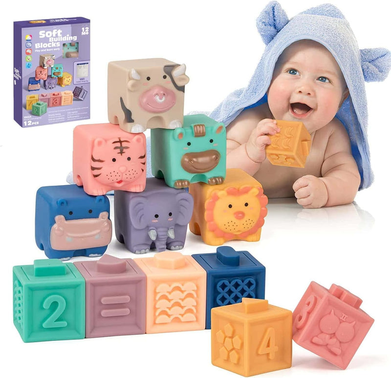 Soft Baby Blocks 6 to 12 Months and Up,Sensory baby stacking toys Babies Bath Toy,Infant Stacking Building Blocks Rings Balls for Boys Girls Teething Toy Play,Animals Fruit Textures Squeeze Block Set