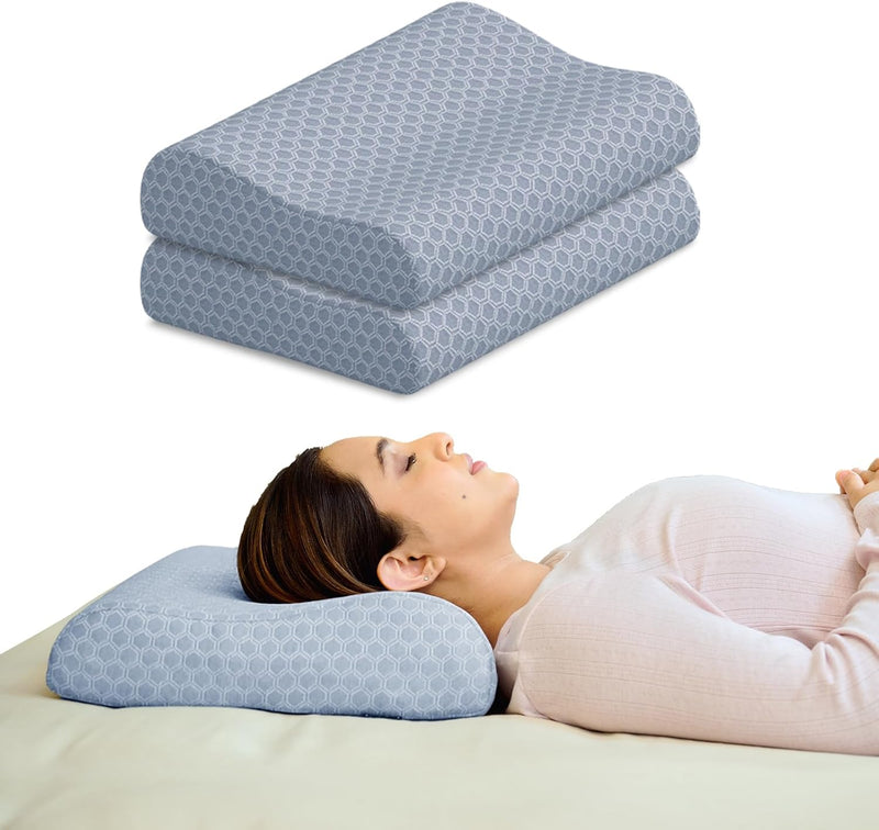 Cervical Neck Pillow Memory Foam for Neck Pain Relief Ergonomic Contoured Design for Spinal Alignment & Posture Ultra-Responsive Foam with Washable Cover Queen, White, 1 Pack - Grey King (Pack of 2)
