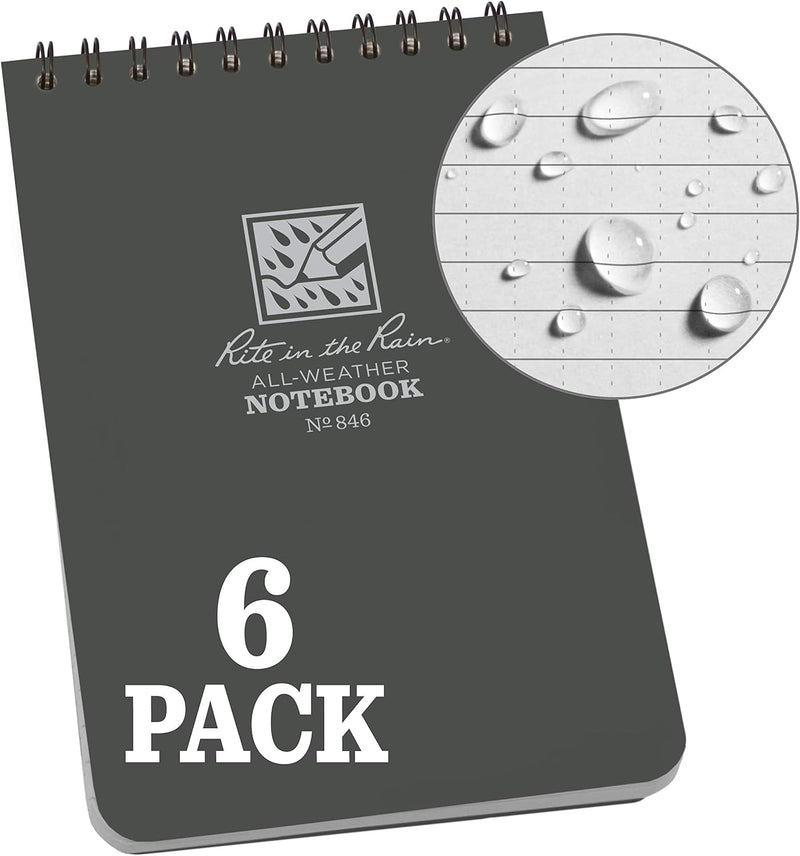 Rite In The Rain Weatherproof Top Spiral Notebook, 10.2 cm x 15.2 cm, Green Cover, Universal Pattern, 3 Pack (No. 946-3) - 6 Pack Gray