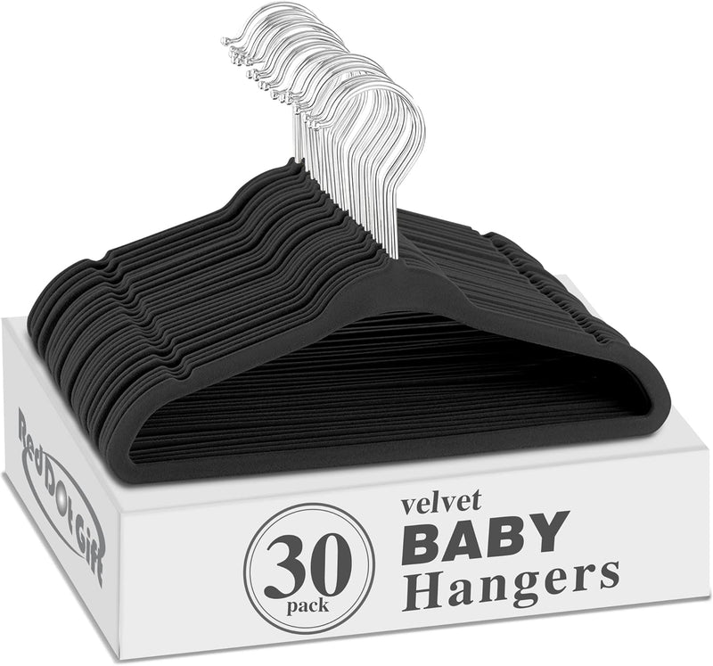 Red Dot Gift® Baby Velvet Hangers 11Inch/28cm - Nursery Clothes Hangers Non Slip Toddler Hangers, 360 Chrome Swivel Hook (White, 30)