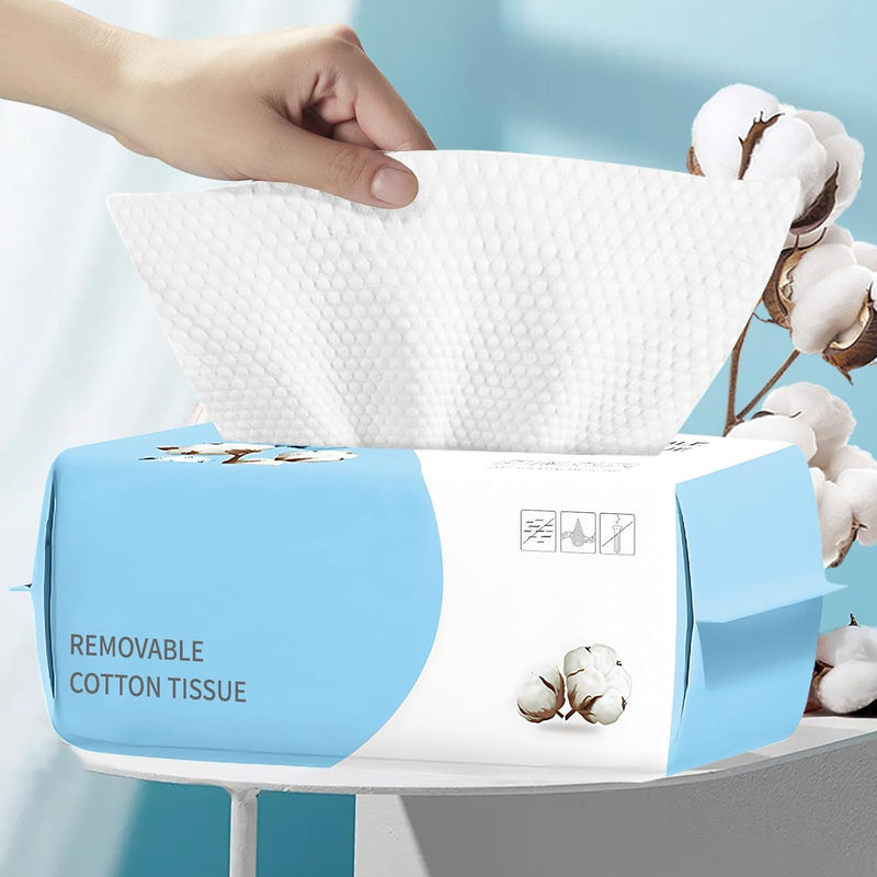 Cotton Disposable Face Towel, Biodegradable Facial Dry Wipes, Super Soft & Thick Face Cloth, Lint-Free Face Towelettes for Sensitive Skincare, Makeup Remover Dry Wipes, Facial Cleansing-200 Count