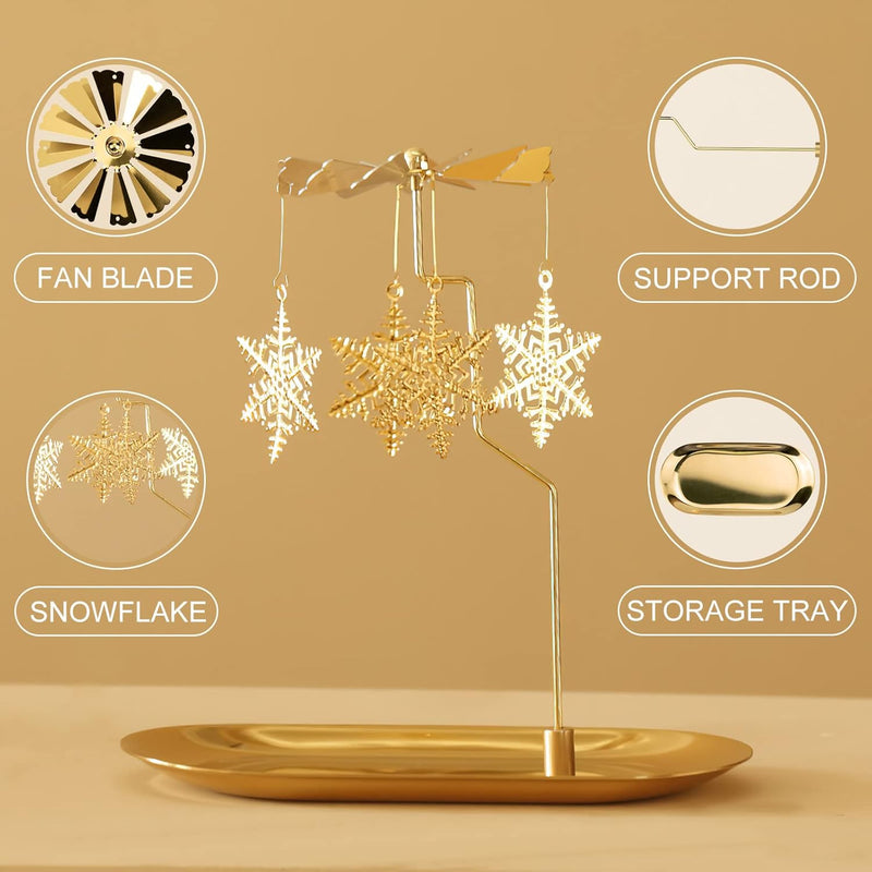 Creahaus Rotating Candle Holder with Tray, Gold Candle Spining Metal Holder for Christmas, Valentine's Day, Party Table Decor, Gift (Gold Carousel)