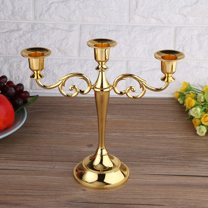 3 Arms Candle Holder, Metal European 3 Stands Candle Holder, for Wedding and Candlelight Dinner(Golden)