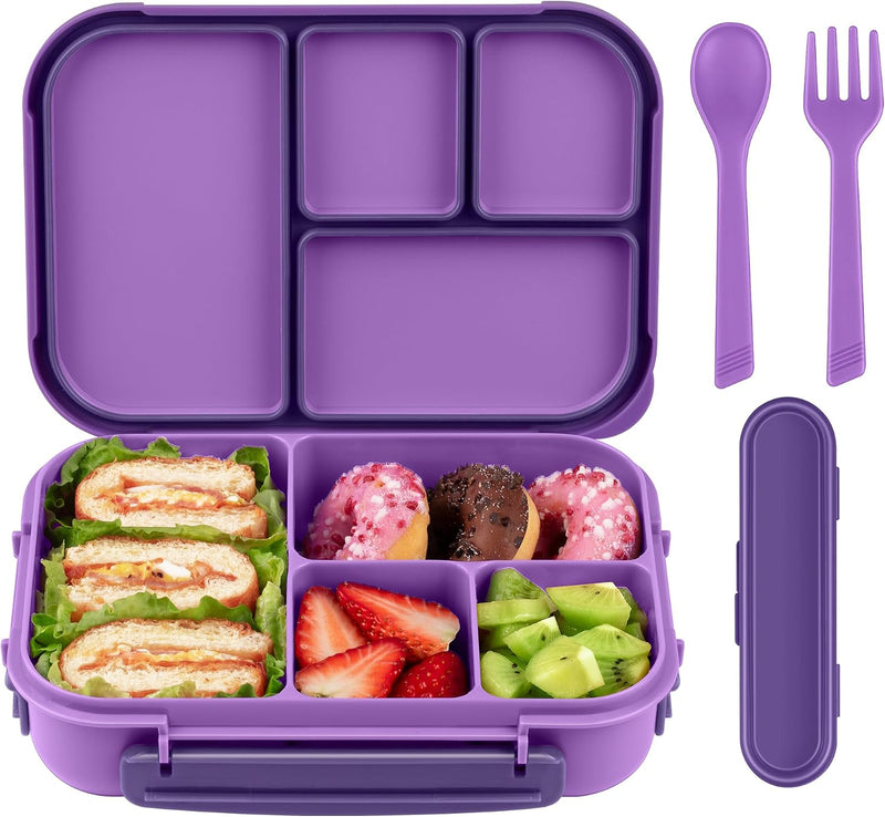 Amathley Lunch Box Kids,Bento Box Adult,Leakproof Lunch Containers for Adults/Kids/Toddler,1200ML-4 Compartments bento Lunch box with Utensil,Microwave & Dishwasher & Freezer Safe(White) - Purple