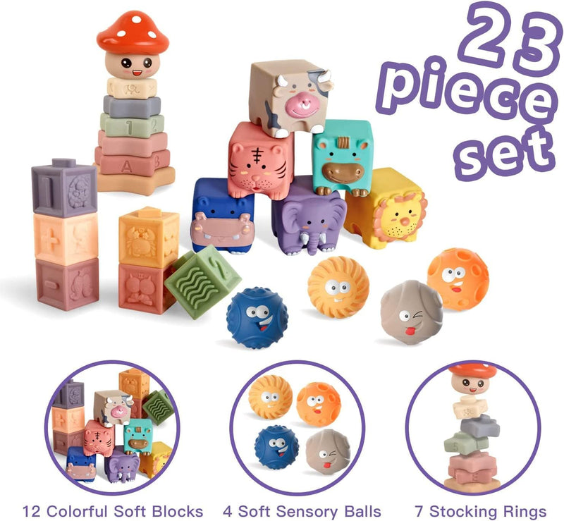 Soft Baby Blocks 6 to 12 Months and Up,Sensory baby stacking toys Babies Bath Toy,Infant Stacking Building Blocks Rings Balls for Boys Girls Teething Toy Play,Animals Fruit Textures Squeeze Block Set