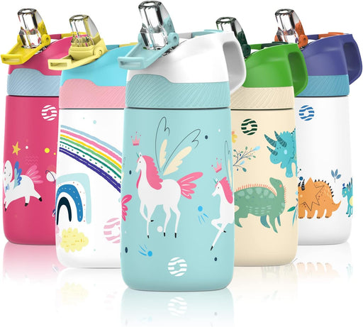 Kids Stainless Steel Water Bottles with Straw, 12 oz Leak Proof Insulated Water Bottle Double Wall Keep Hot Cold Drinks Thermos Toddler Bottle with Handle BPA-Free for School - Winter Unicorns