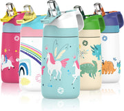 Kids Stainless Steel Water Bottles with Straw, 12 oz Leak Proof Insulated Water Bottle Double Wall Keep Hot Cold Drinks Thermos Toddler Bottle with Handle BPA-Free for School - Winter Unicorns