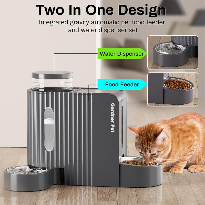 Gardner Pet Automatic Gravity Cat Food Feeder and Water Dispenser Stainless Steel Two-in-One Set Large Capacity Dispenser for Pets Dogs, Puppies, Kittens, Rabbits - Large Dark Grey