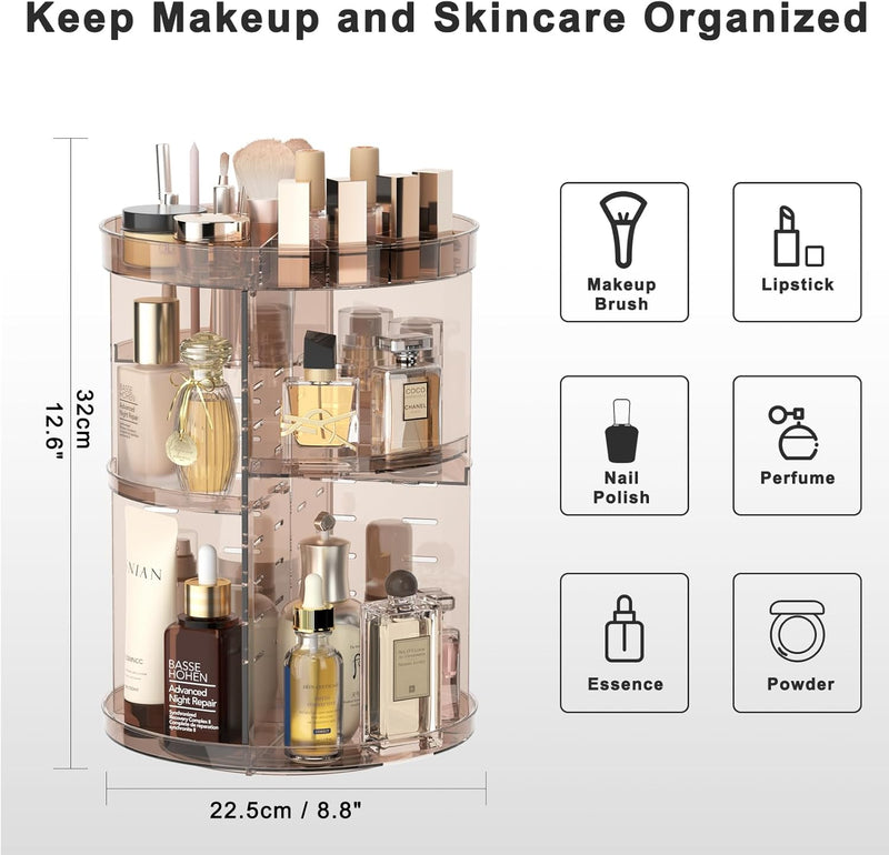 Rotating Makeup Organizer, DIY 8 Adjustable Layers Spinning Skincare Organizer, Cosmetic Display Case with Brush Holder Perfume Tray, Multi-Function Storage Carousel for Vanity Bathroom Countertop