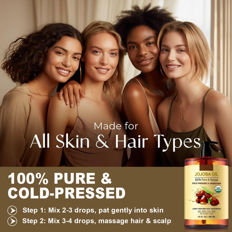 Organic Jojoba Oil (500 ml), USDA Certified, 100% Pure Natural Large Capacity Body Oil for Skin Face and Hair, Deep Moisturizing Anti-Aging Cold Pressed Unrefined for Women