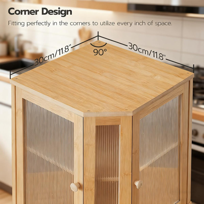 Bamboo Bread Box, Kitchen Countertop Corner Bread Box, Large Capacity 2-Tier Bread Container, Bread Storage Container with Dual Rippled Acrylic Doors, for Kitchen Food Storage