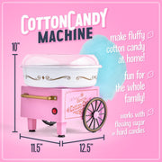 Retro Cotton Candy Machine for Kids, Includes 2 Reusable Cones, 1 Sugar Scoop, 1 Extractor Head, Vintage Hard & Sugar-Free Cotton Candy Maker, Pink