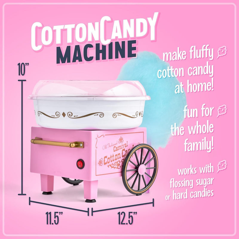Retro Cotton Candy Machine for Kids, Includes 2 Reusable Cones, 1 Sugar Scoop, 1 Extractor Head, Vintage Hard & Sugar-Free Cotton Candy Maker, Pink