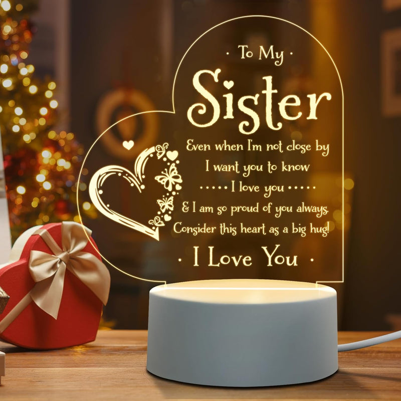 Afterprints Sister Gifts - to My Sister Night Light, Gifts for Sister on Birthday Mothers Day Graduation, Sisters Gifts from Sister Brother, Engraved Night Lamp