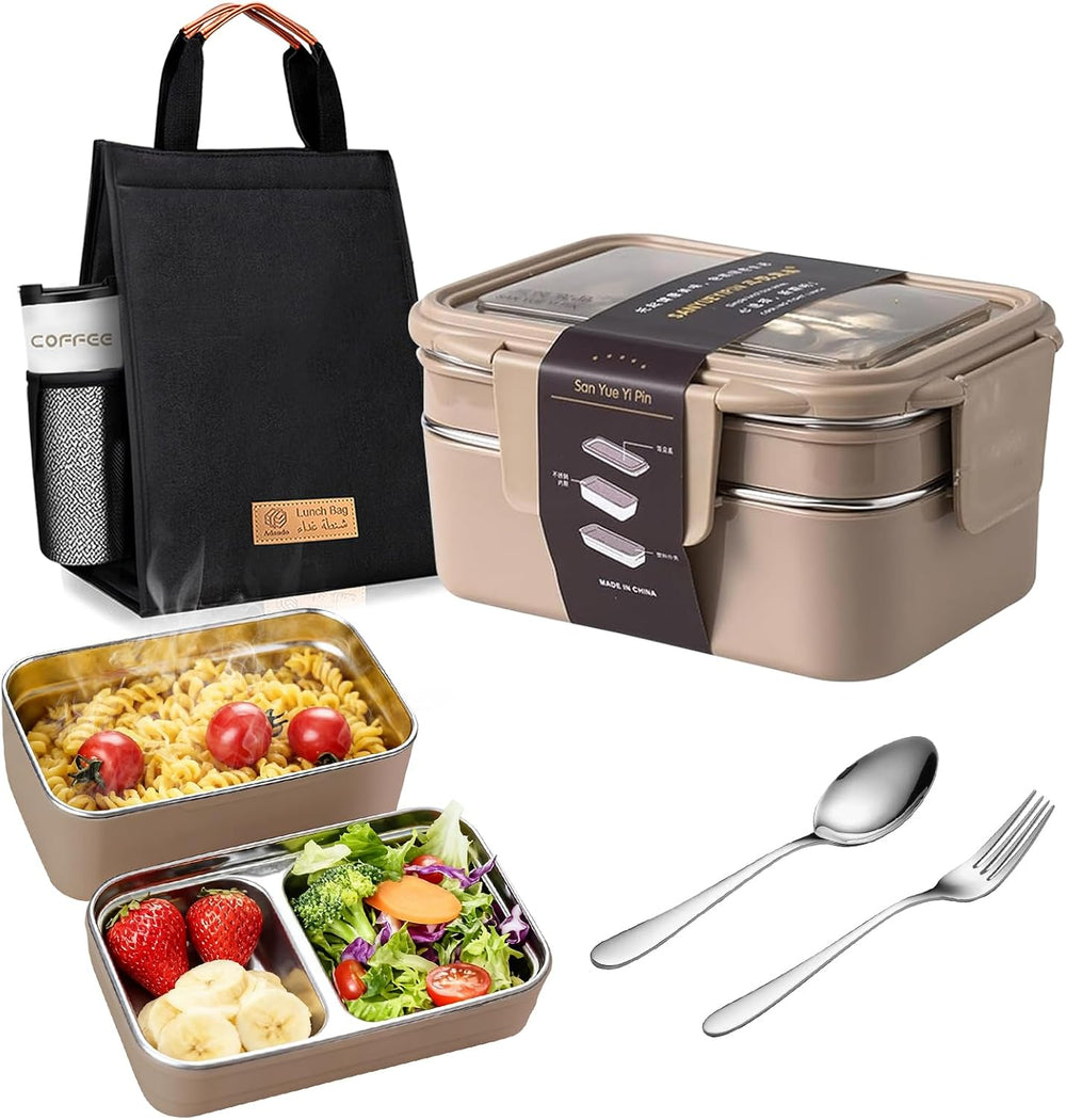 Stainless Steel Lunch Box: 1100ml 2-Layer Insulated Bento Lunch Box for Adults and kids - 304 Lunch Containers Insulated Leakproof with Tableware & Bag - Microwave & Dishwasher Safe (Khaki)