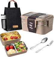 Stainless Steel Lunch Box: 1100ml 2-Layer Insulated Bento Lunch Box for Adults and kids - 304 Lunch Containers Insulated Leakproof with Tableware & Bag - Microwave & Dishwasher Safe (Khaki) - Dark Khaki